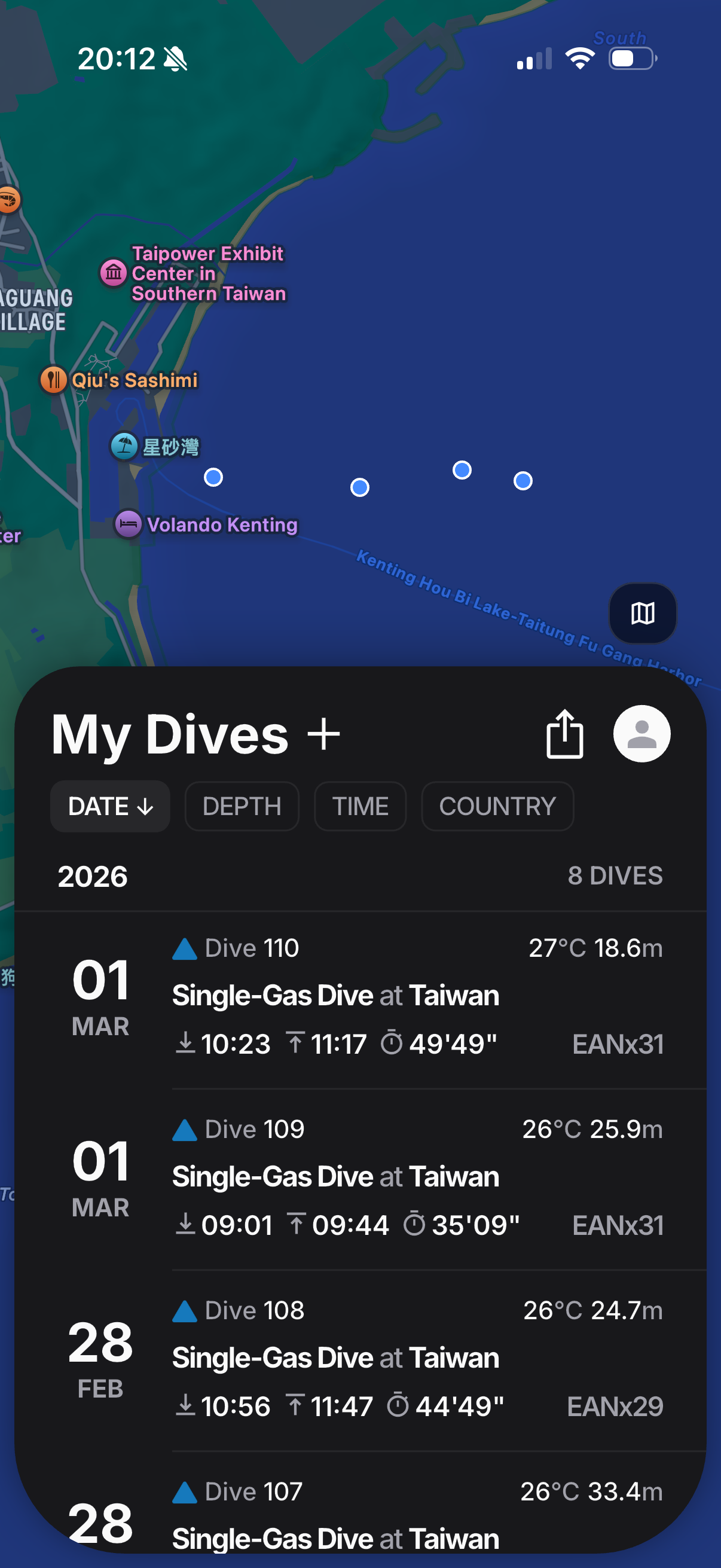 Scublr dive list over a local dive map