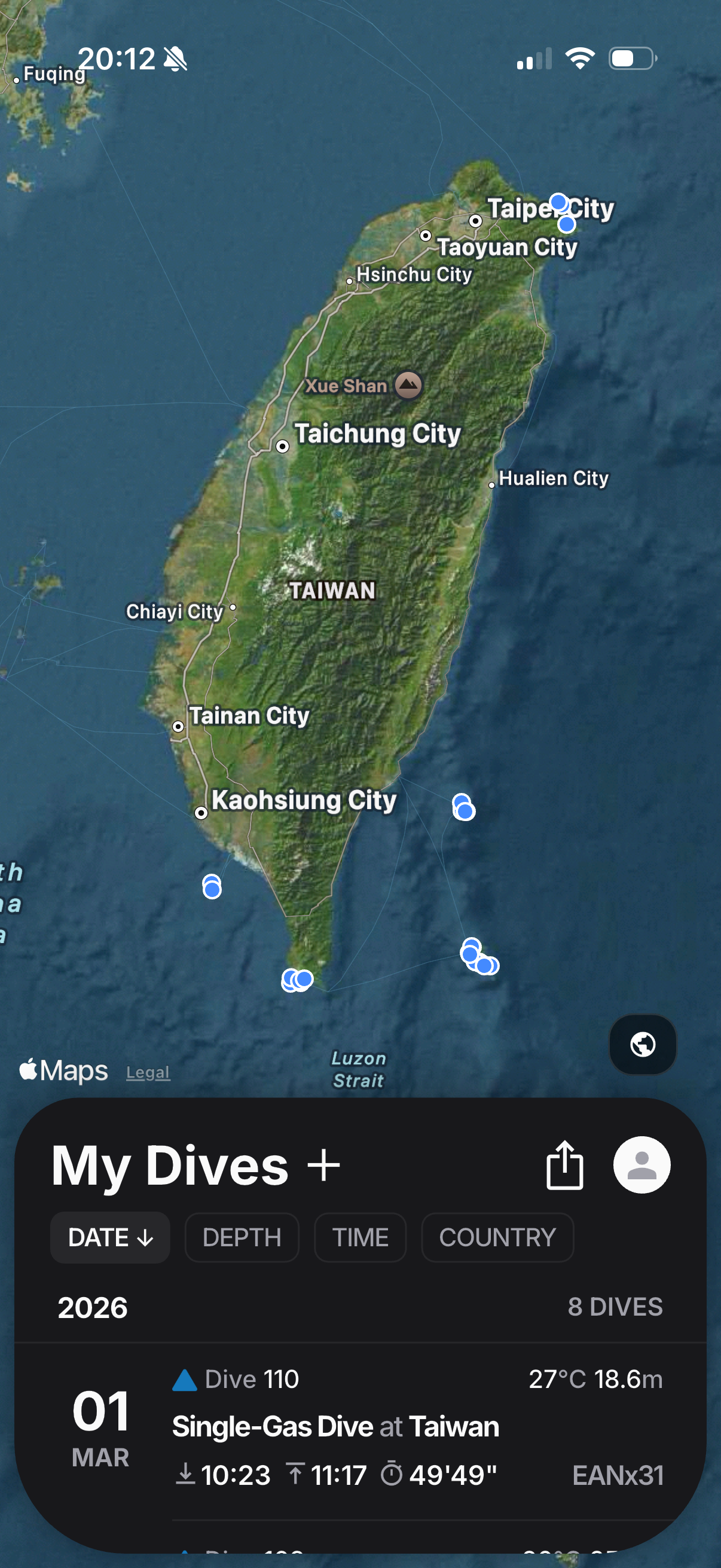 Scublr dive map showing Taiwan dive locations above a My Dives list