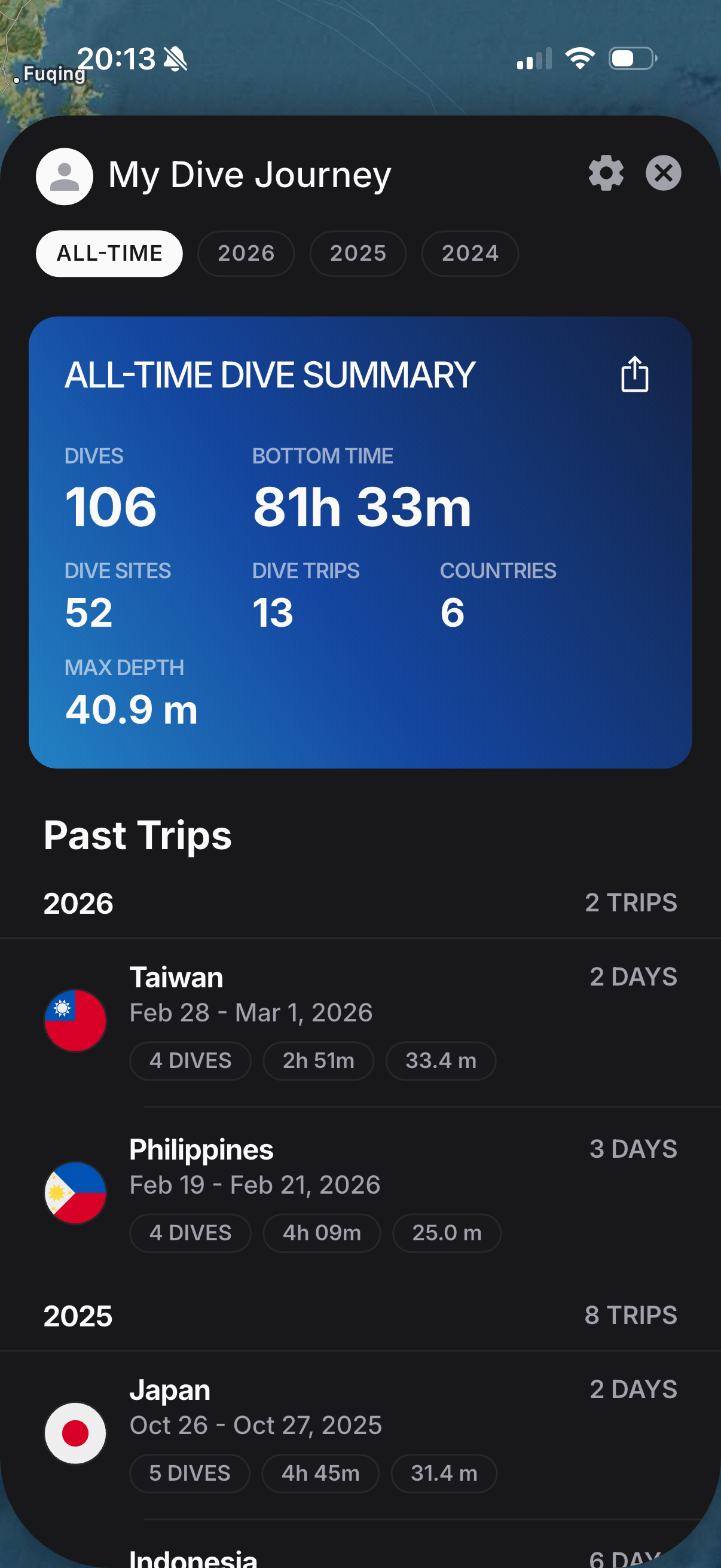 Scublr My Dive Journey screen with all-time summary and past trips