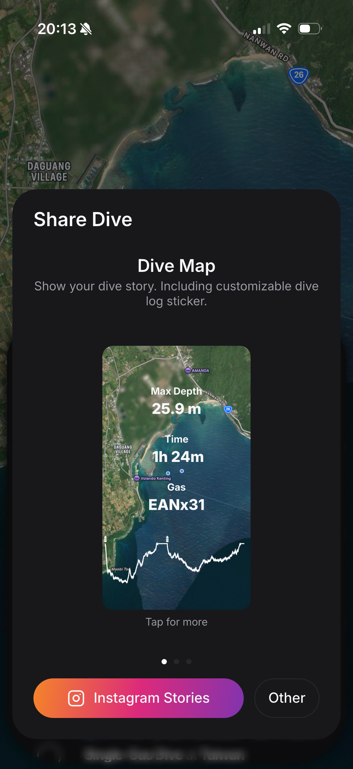Scublr dive share screen for exporting a dive map to Instagram Stories